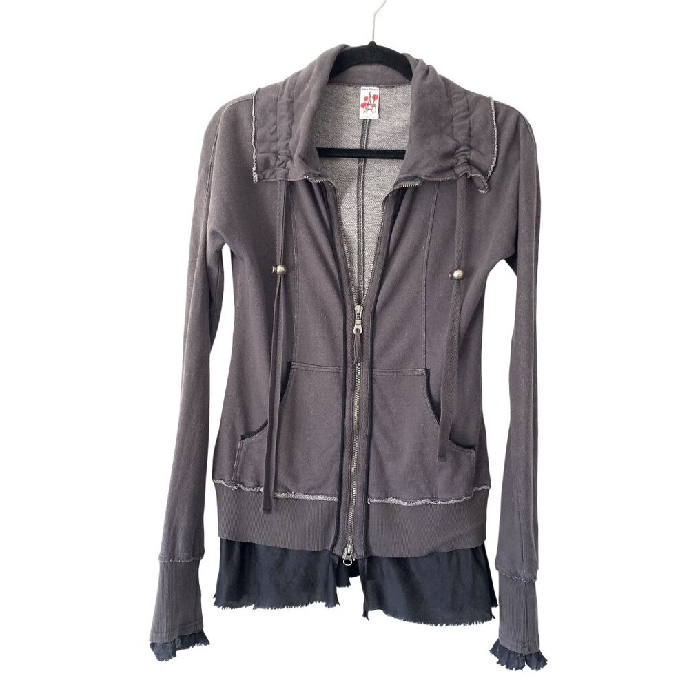Free People S Vintage Y2K Gray Zip-Up Jacket Silk Cuffs and Hem Shawl Collar